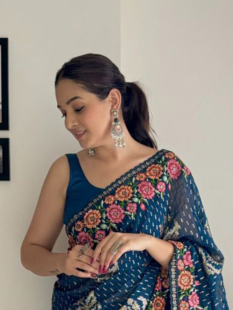 Elegant  Festive Teal Blue Georgette Saree