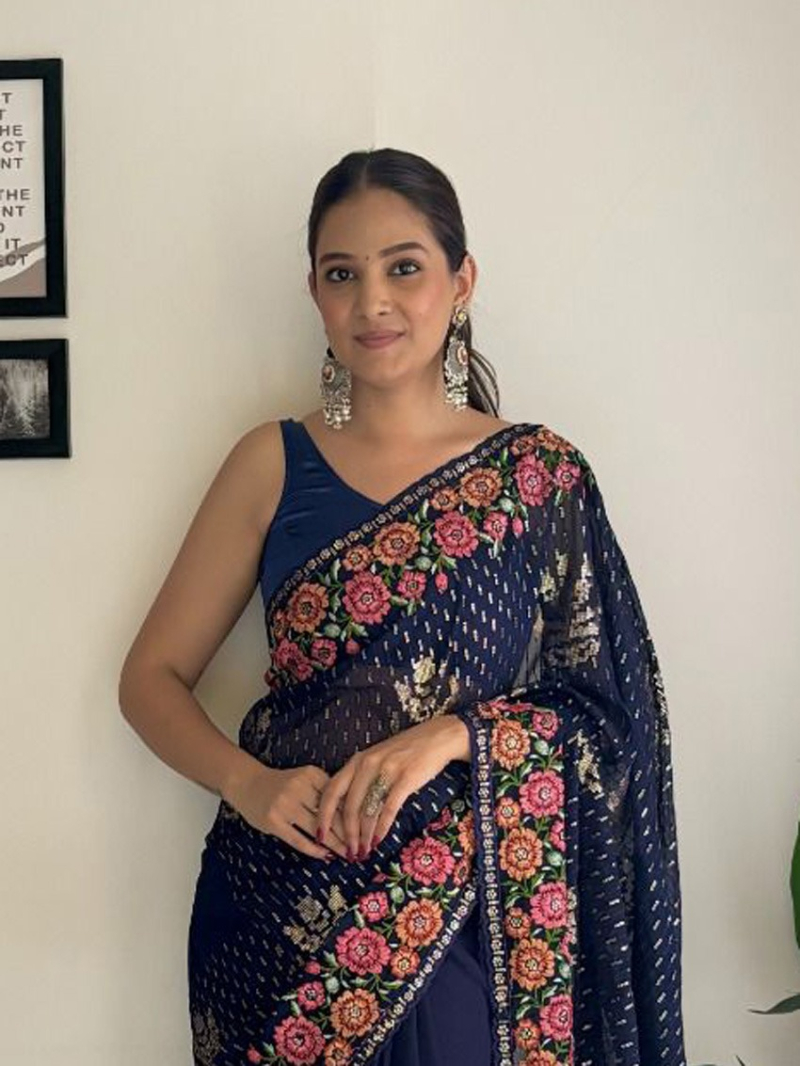 Traditional Festive Navy Blue Georgette Saree 