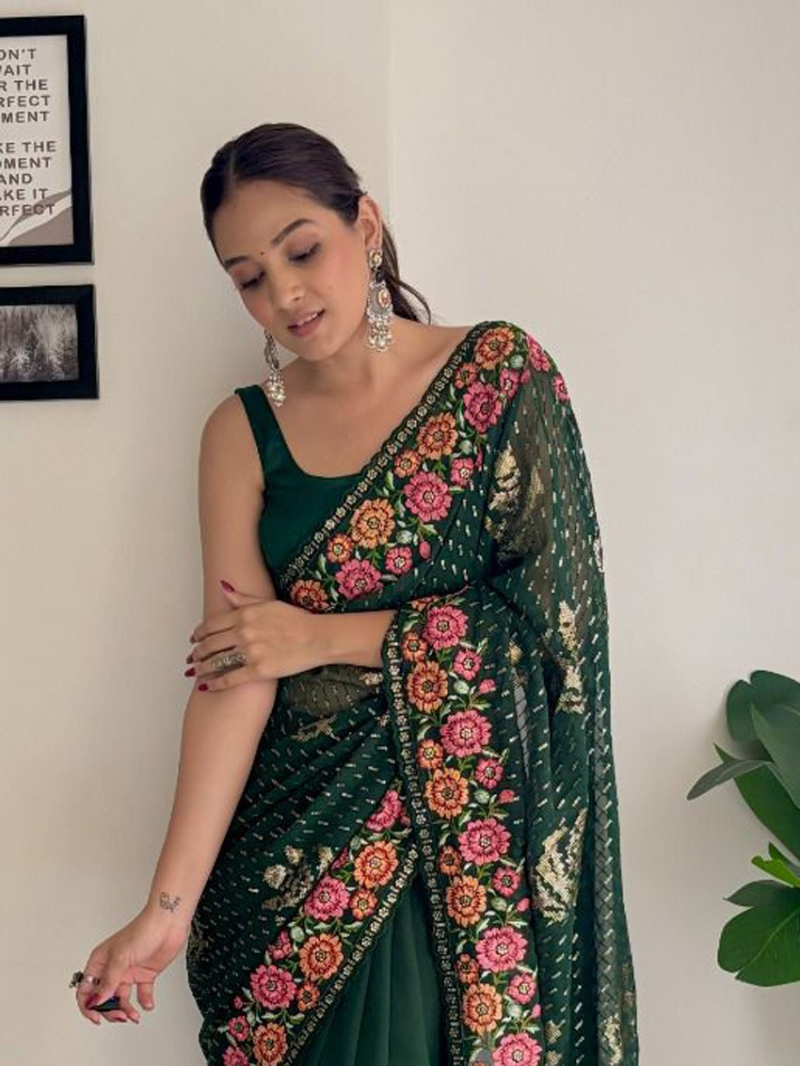 Festive Traditional  Green Georgette Saree 