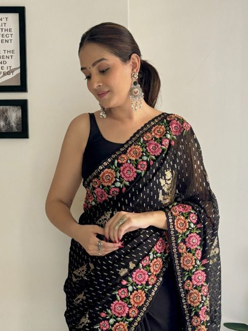 Ethnic Traditional Festive Black Georgette Saree 