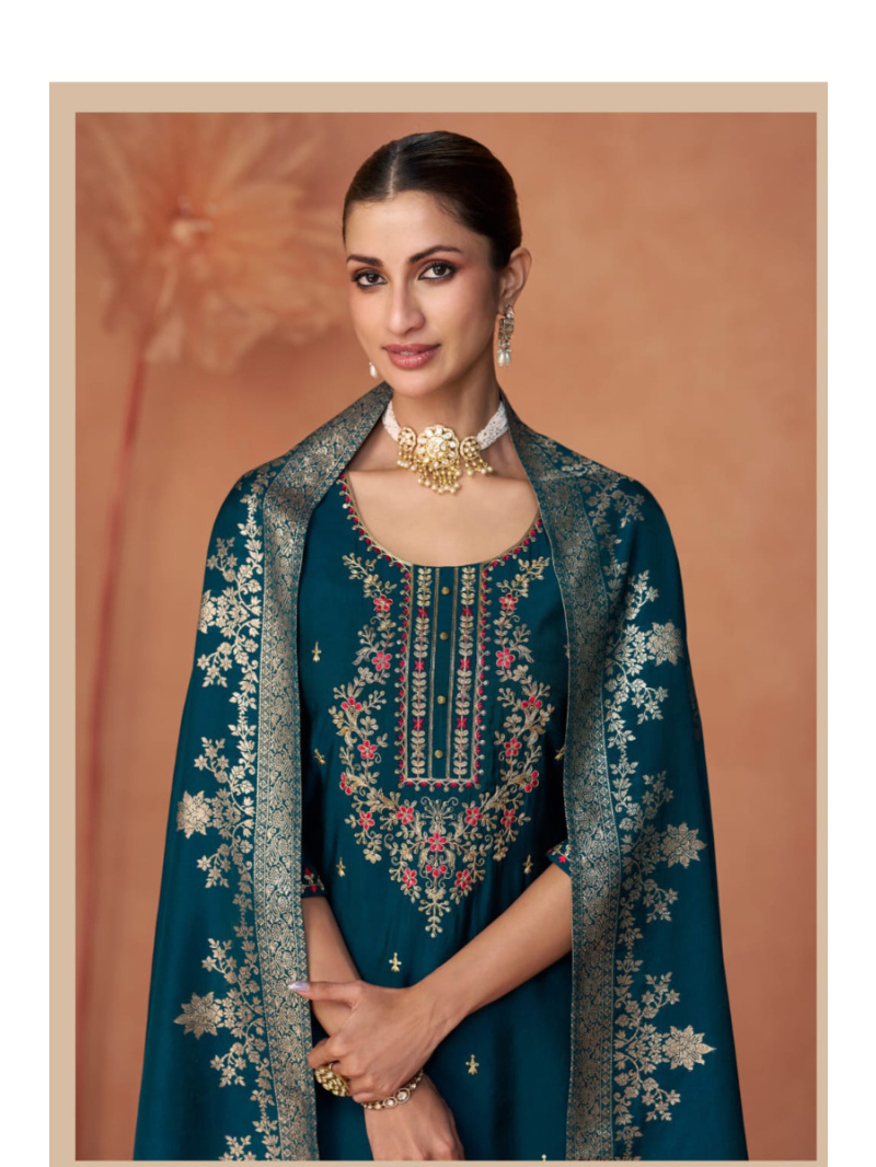 Elegant Teal Blue Embroidered Viscose Suit 