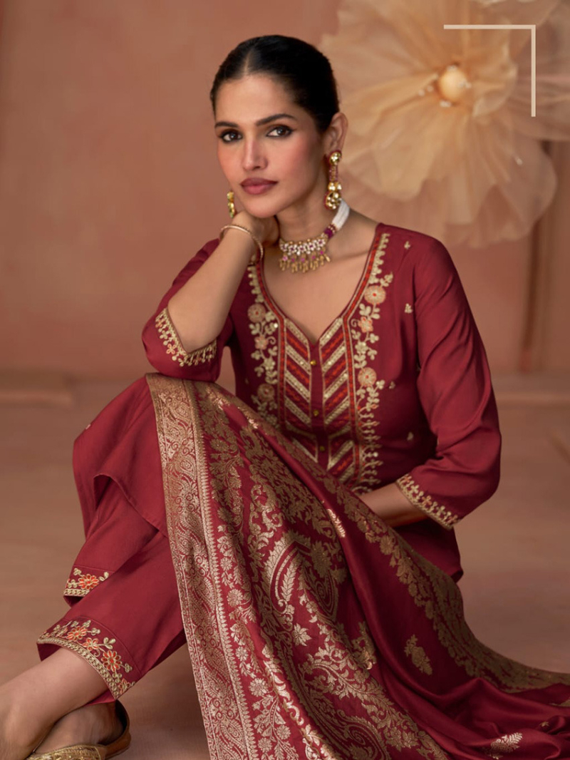 Elegant Maroon Embroidered Stragiht Suit