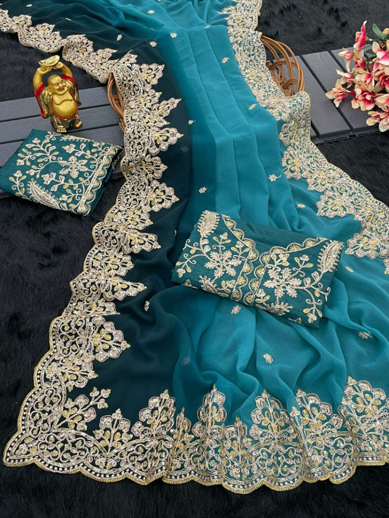 Elegant Ethnic  Shaded  Teal Blue Faux Georgette Saree