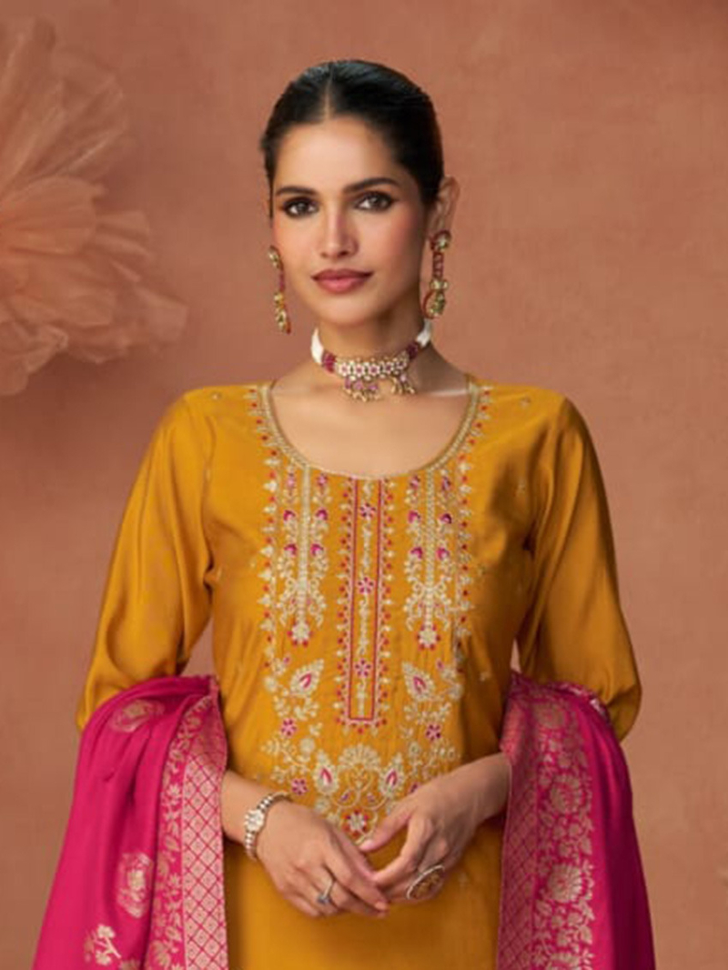 Elegant Ethnic Festive  Mustard  Straight Suit 