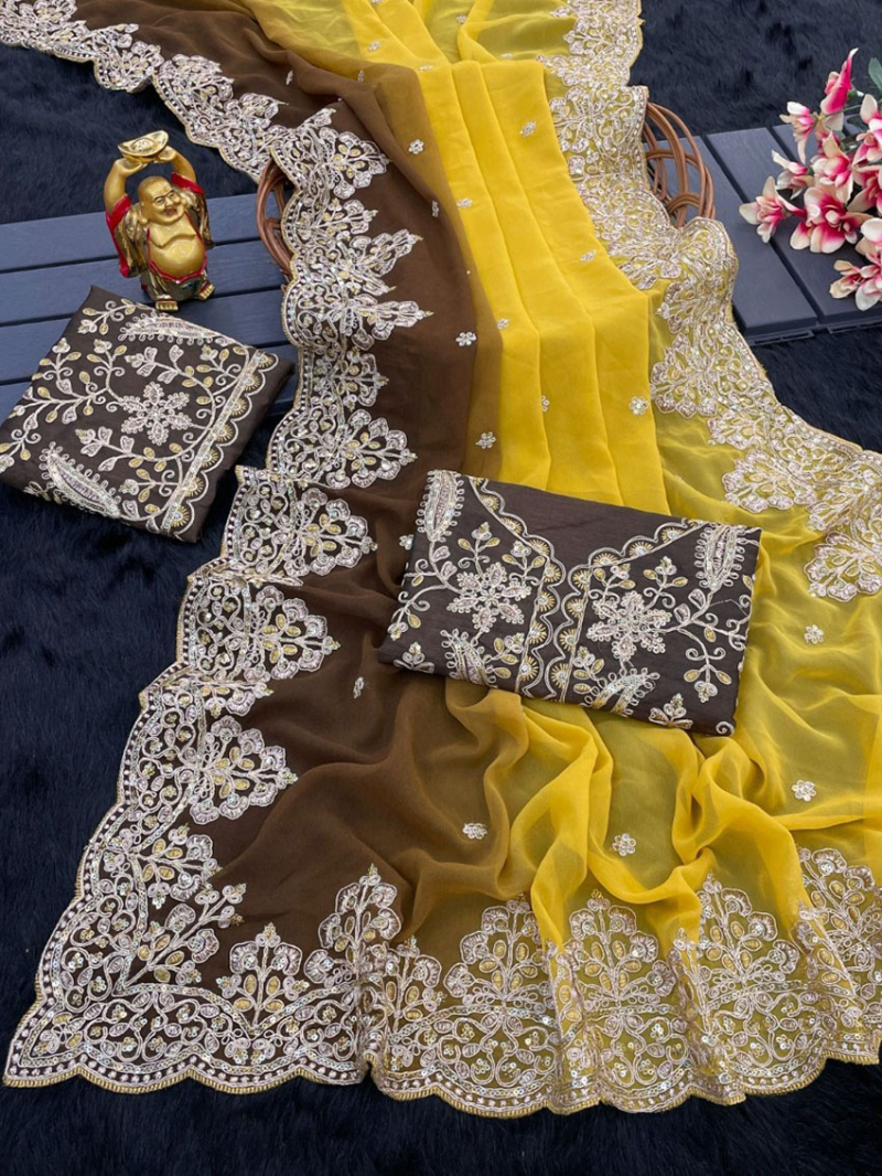 Ethnic Elegant Yellow Shaded Faux Georgette Saree