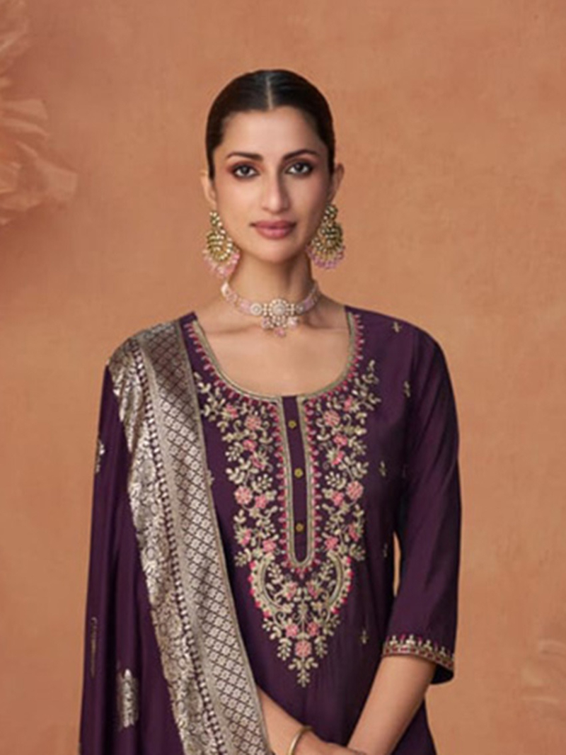 Elegant Wine Embroidered Straight Suit
