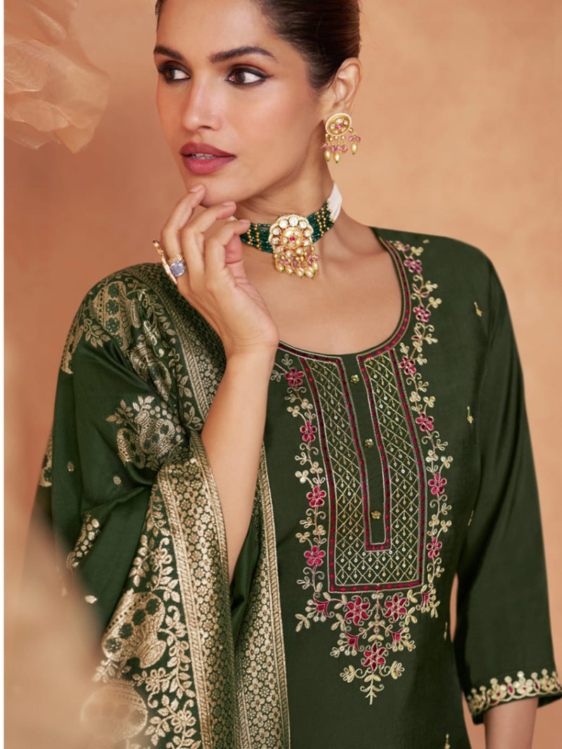 Elegant Mehendi Green Embroidered Straight Suit