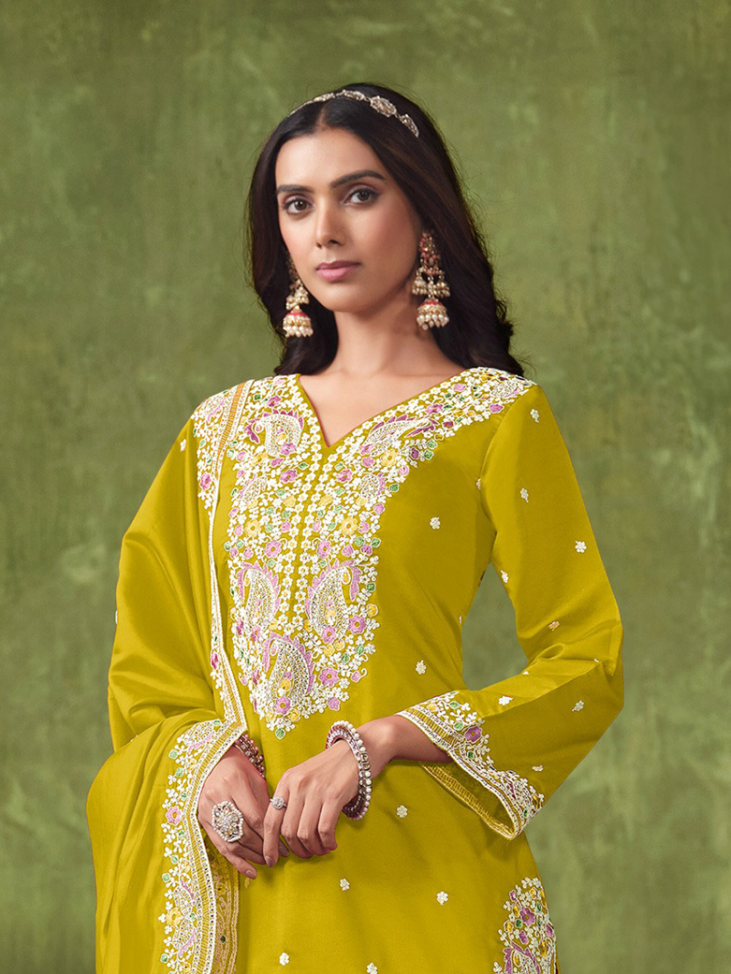 Elegant Ethnic Lemon Yellow Chanderi Patiala Suit 