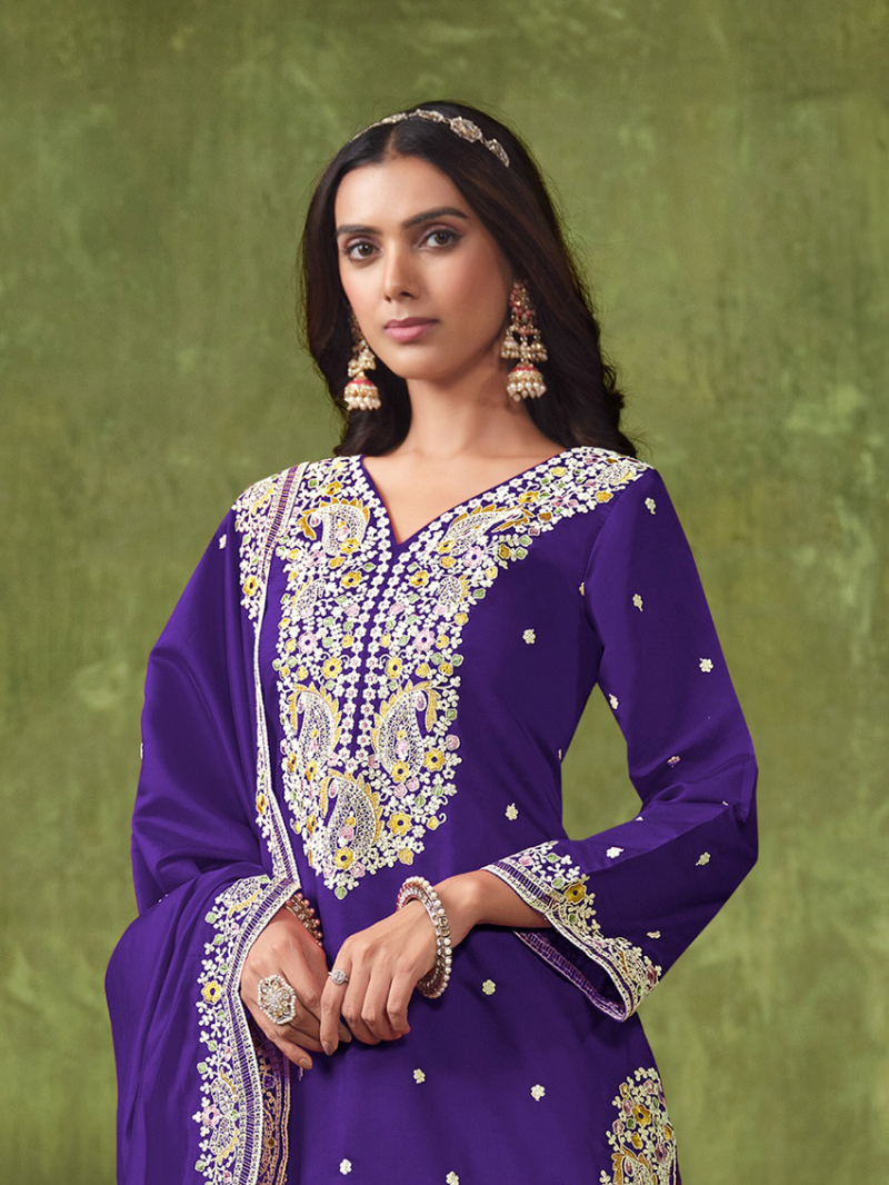 Elegant Ethnic Royal Purple Chanderi Patiala Suit 