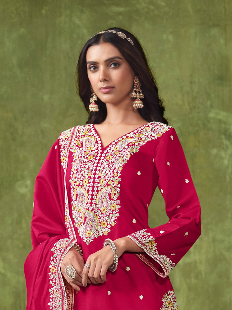 Elegant Ethnic Festive Raspberry Chanderi Patiala Suit 