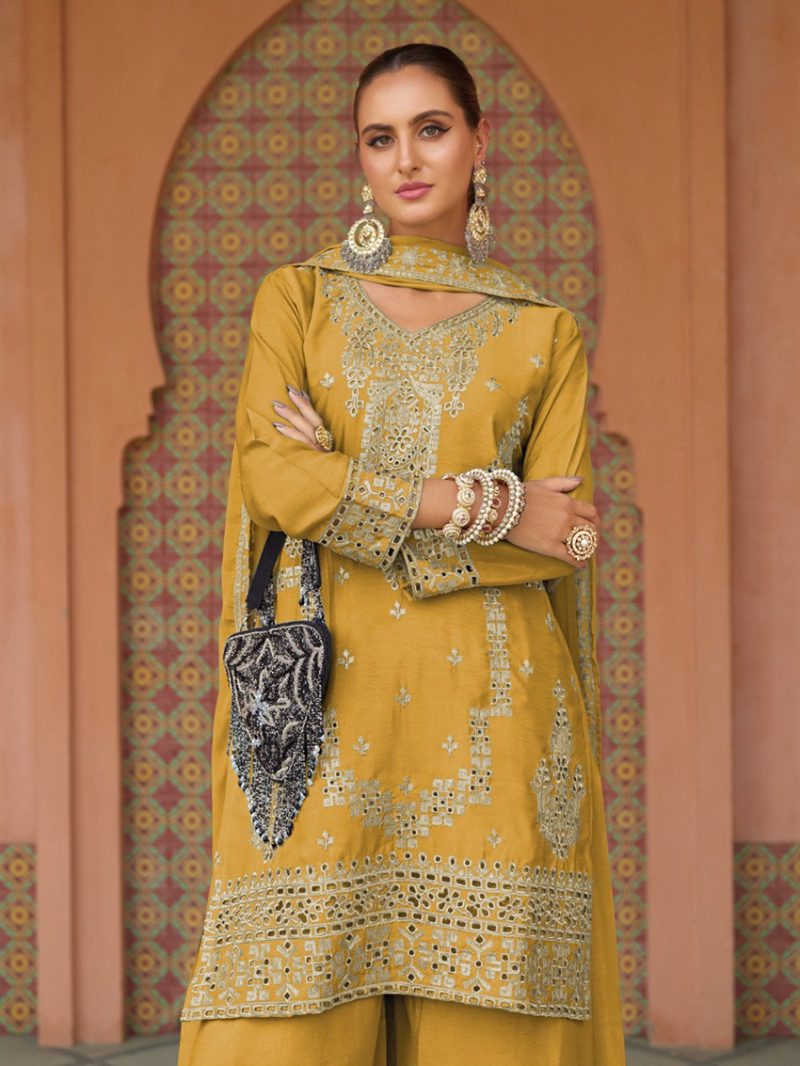 Ethnic Golden Mustard Mirror Work  Plazo Suit