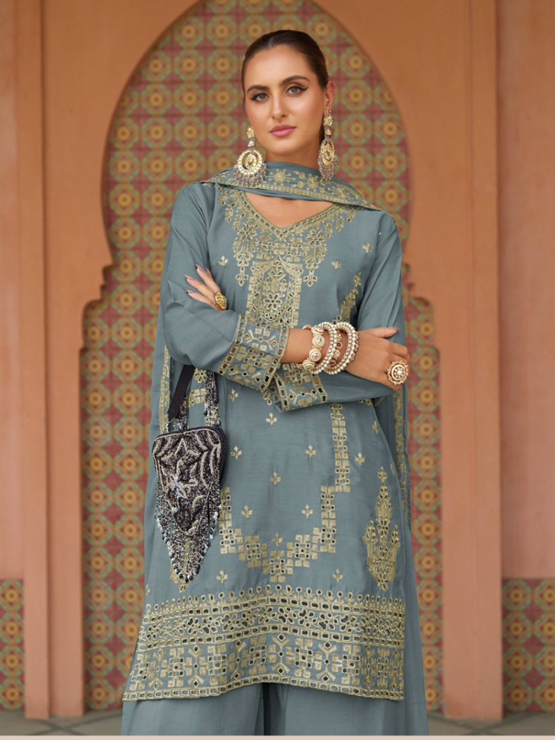 Elegant Ethnic Festive  Grey Mirror Work Plazo Suit