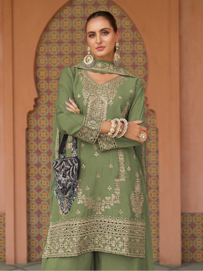 Ethnic Festive  Olive Green Mirror Work Plazo Suit