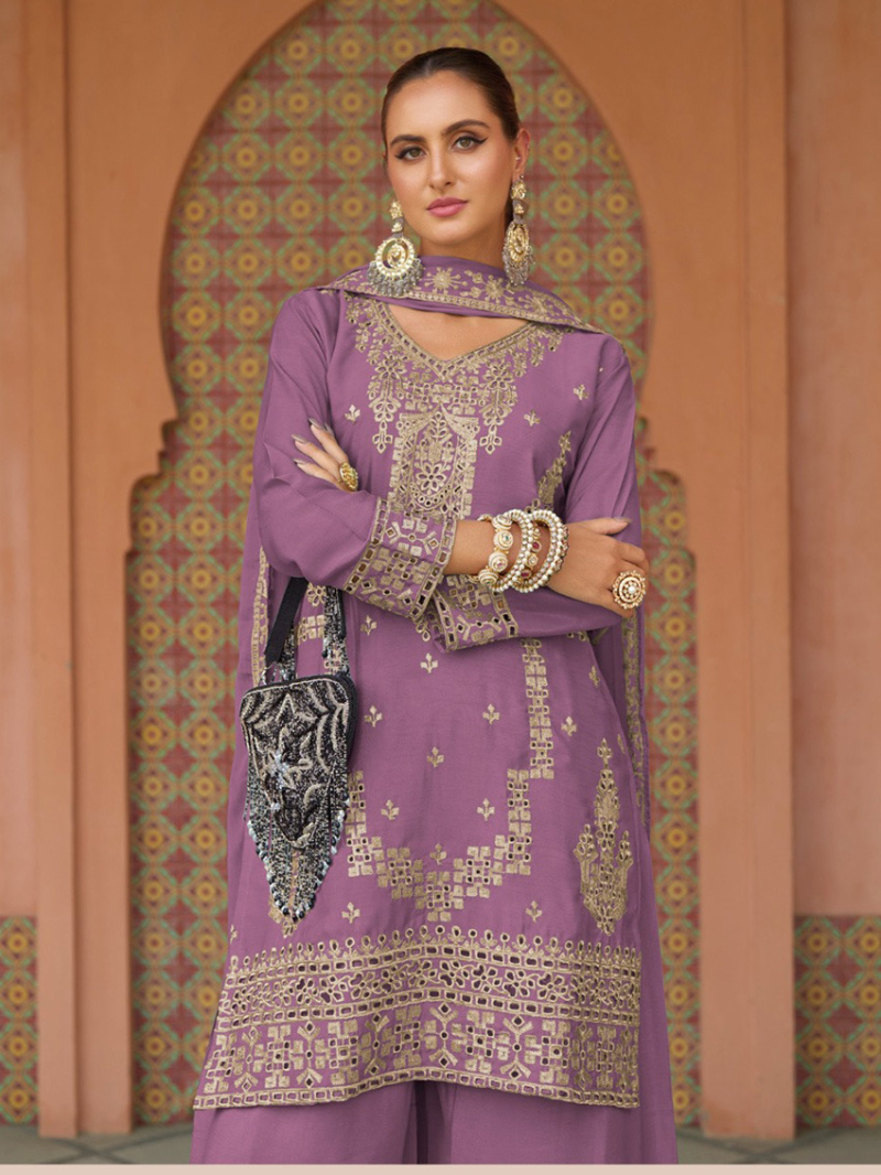 Elegent  Ethnic Purple  Mirror Work Plazo Suit