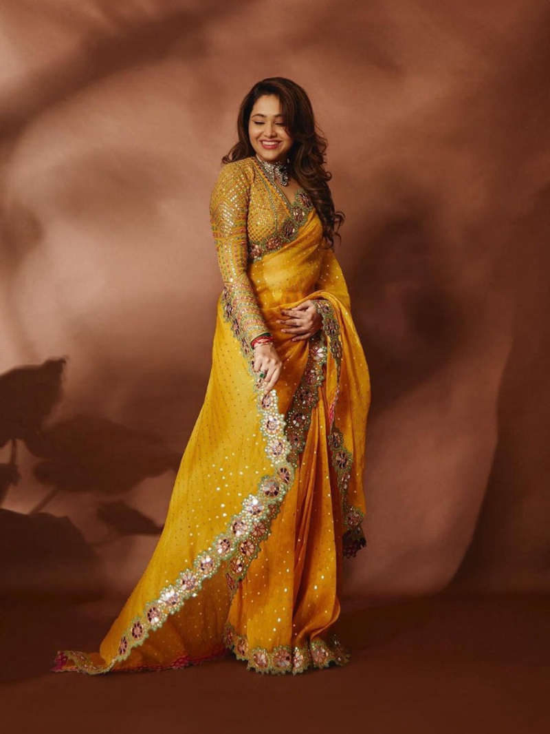 Elegant Ethnic Designer Mustard Georgette Saree