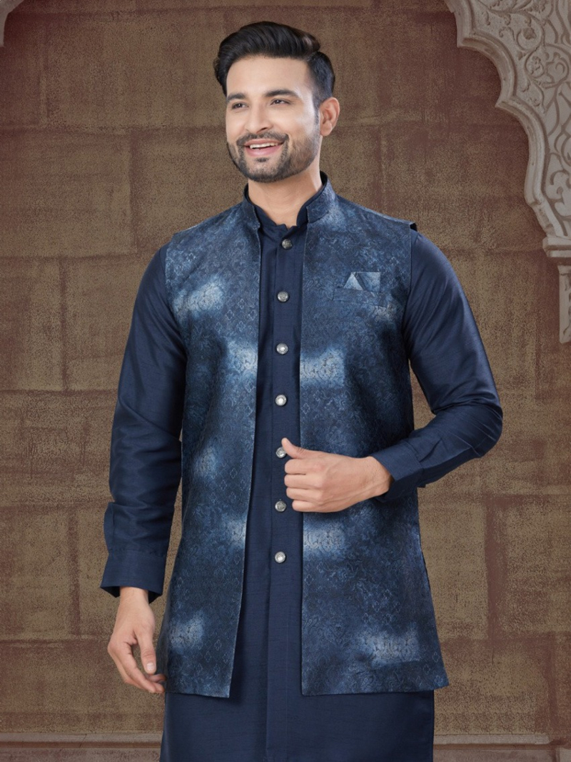 Ethnic Festive  Pure Silk Navy Blue Kurta Pajama Set