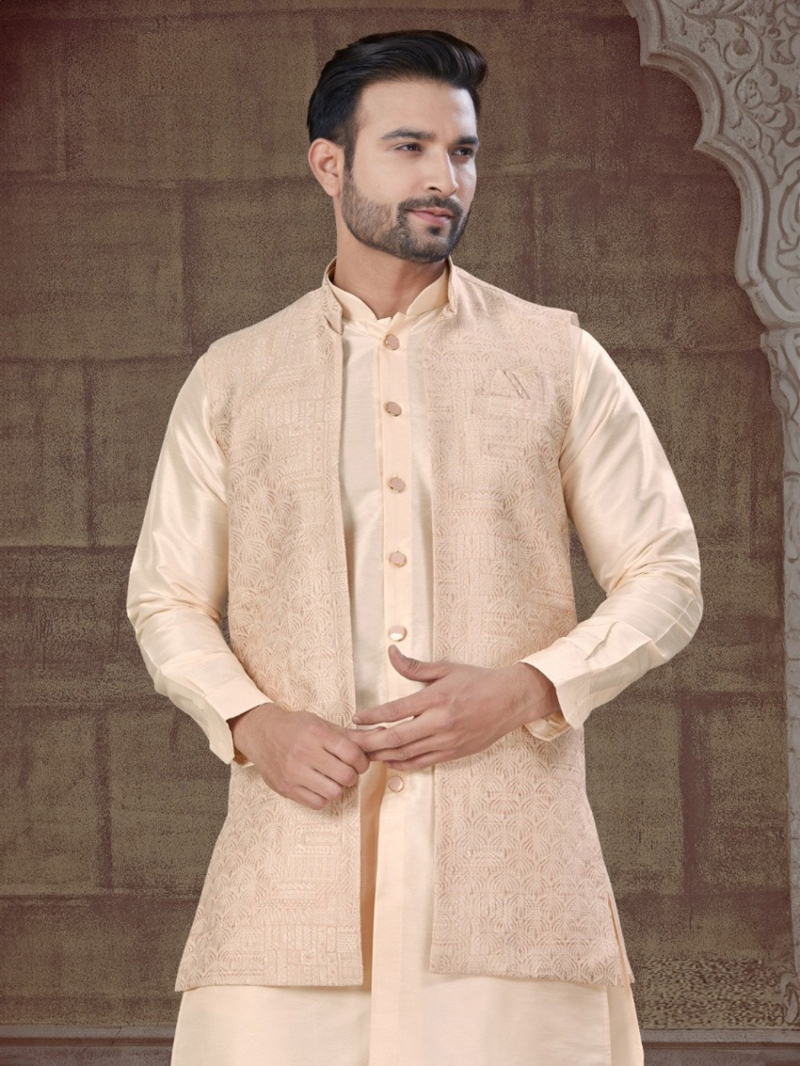 Elegant Ethnic Festive Pure Silk  Beige Kurta Pajama Set