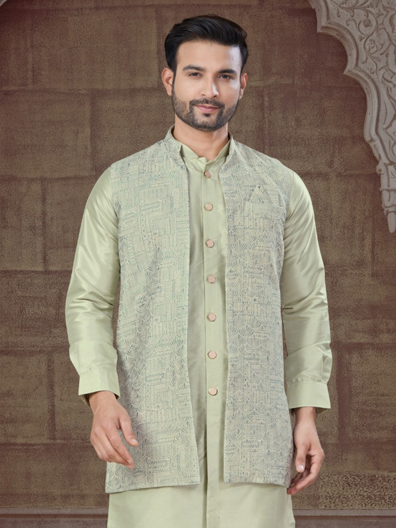 Ethnic Festive Pure Sillk  Pista Green Kurta Pajama Set