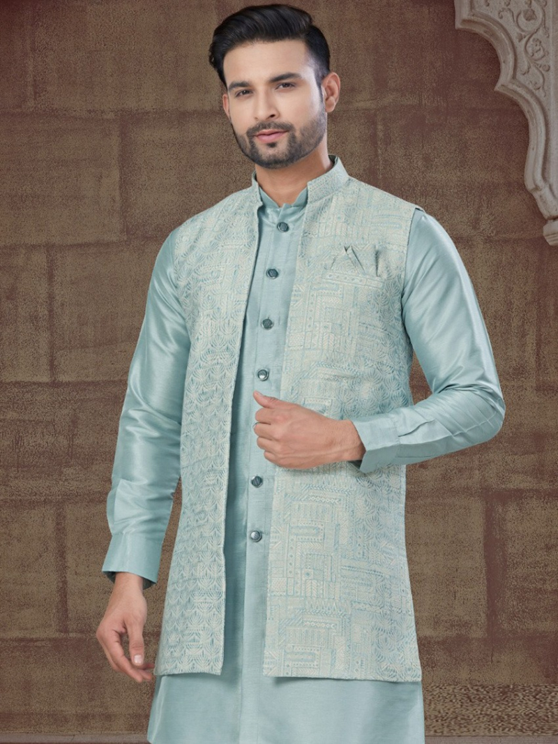 Ethnic Festive   Pure Silk Sky Green Kurta Pajama Set