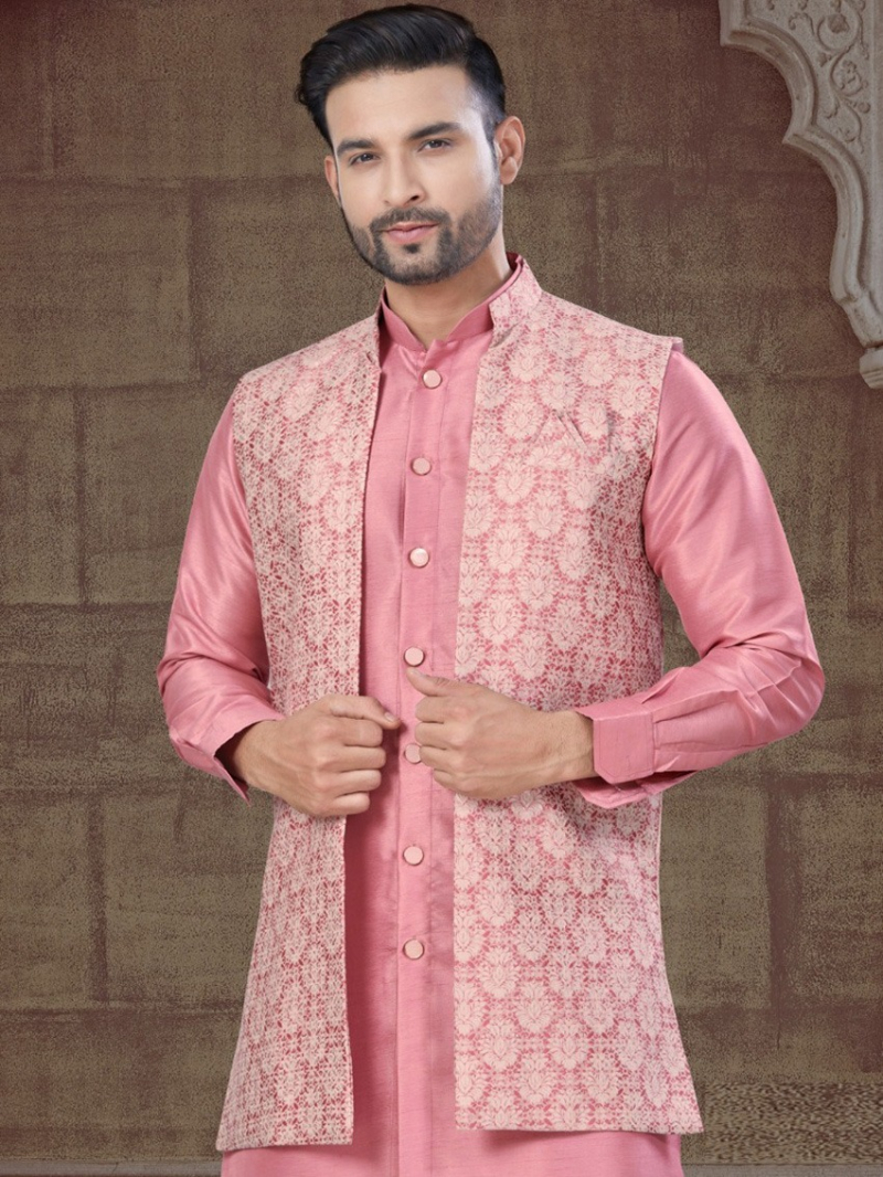 Ethnic Festive Pure Silk Peach Kurta Pajama Set
