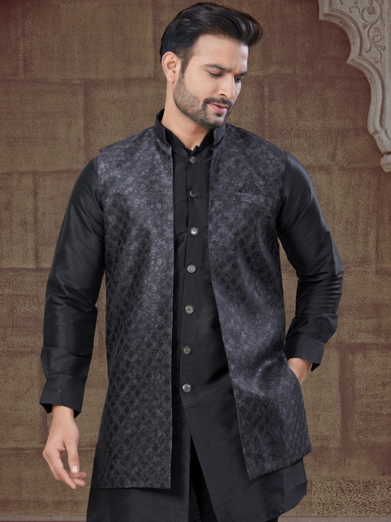 Ethnic Festive  Black Pure Silk Kurta Pajama  Set