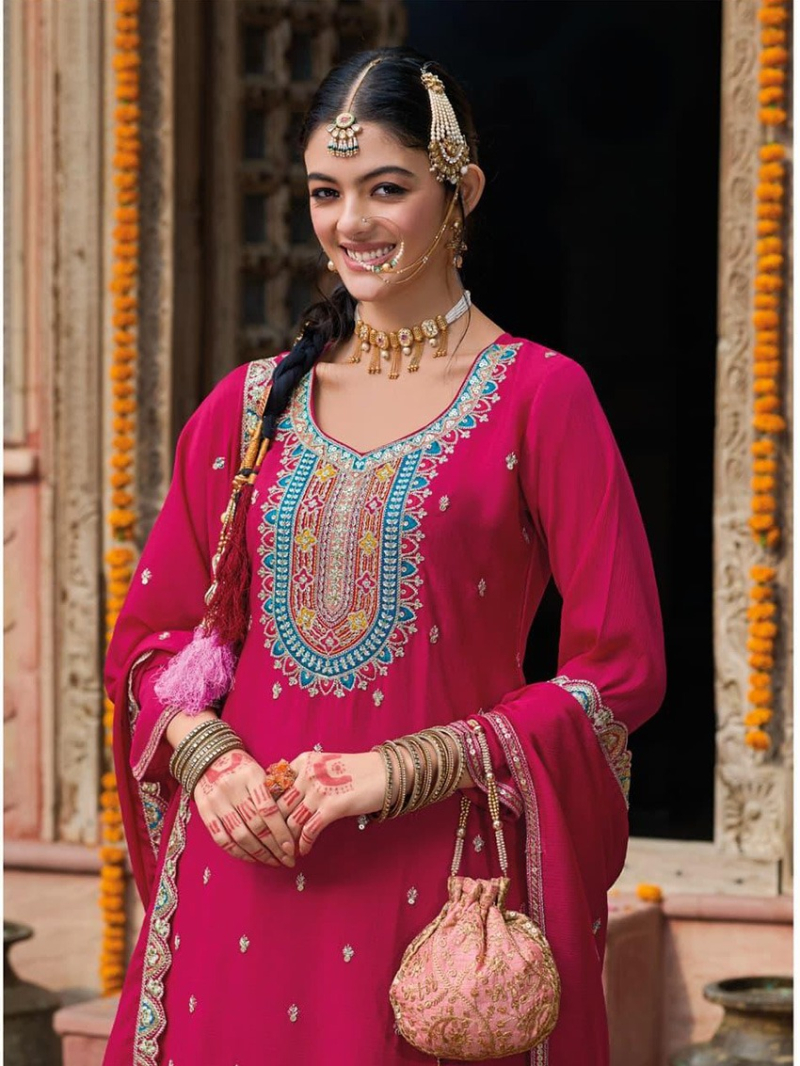Elegant Ethnic  Rani Pink Multicolor Embroidered Sharara Suit