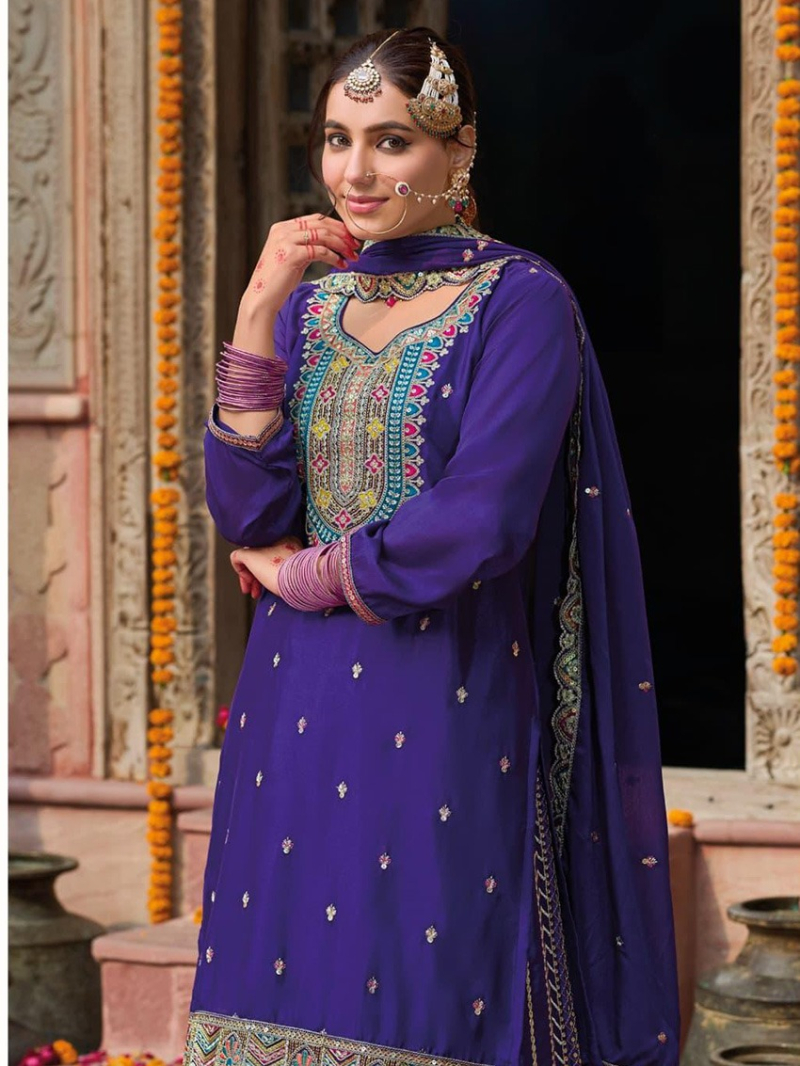 Ethnic Traditional Royal Purple  Multicolor Embroidered Sharara Suit 
