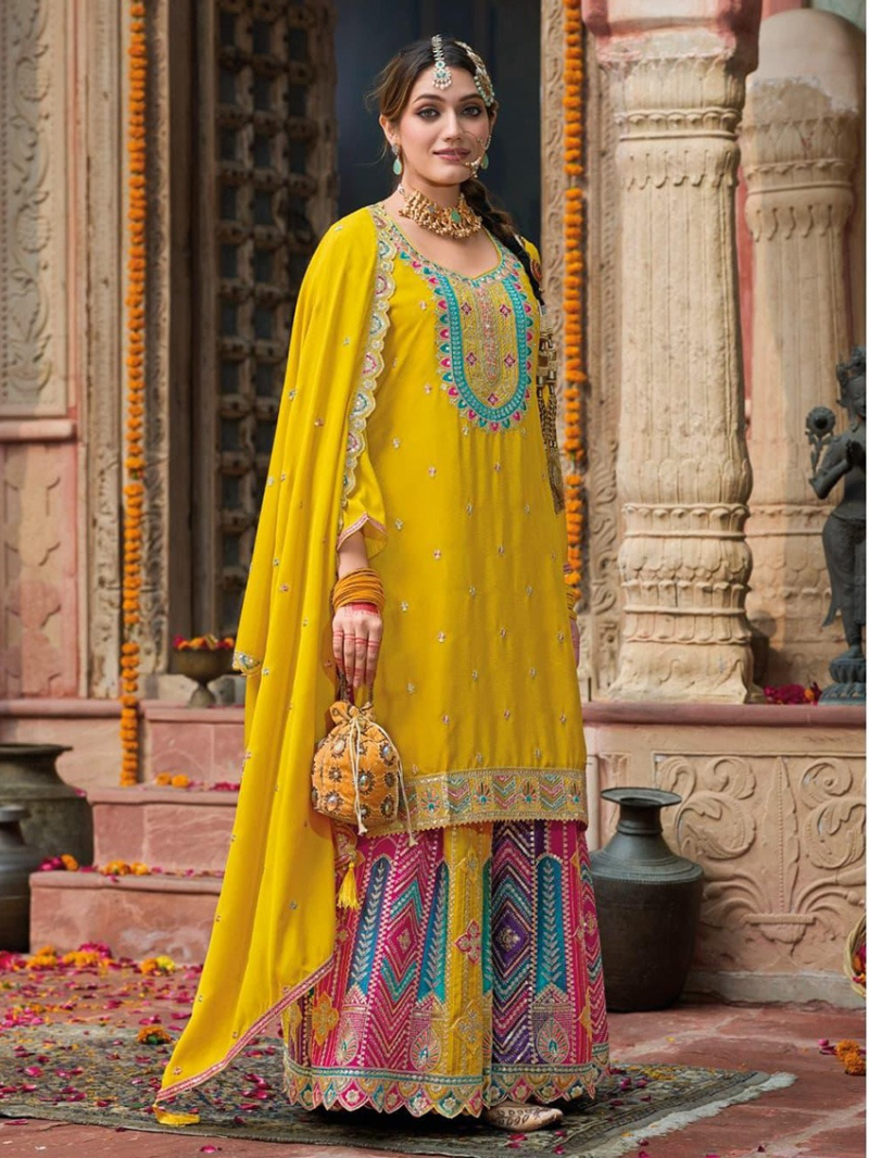 Elegant Mustard  Multicolor Embroidered Sharara Suit