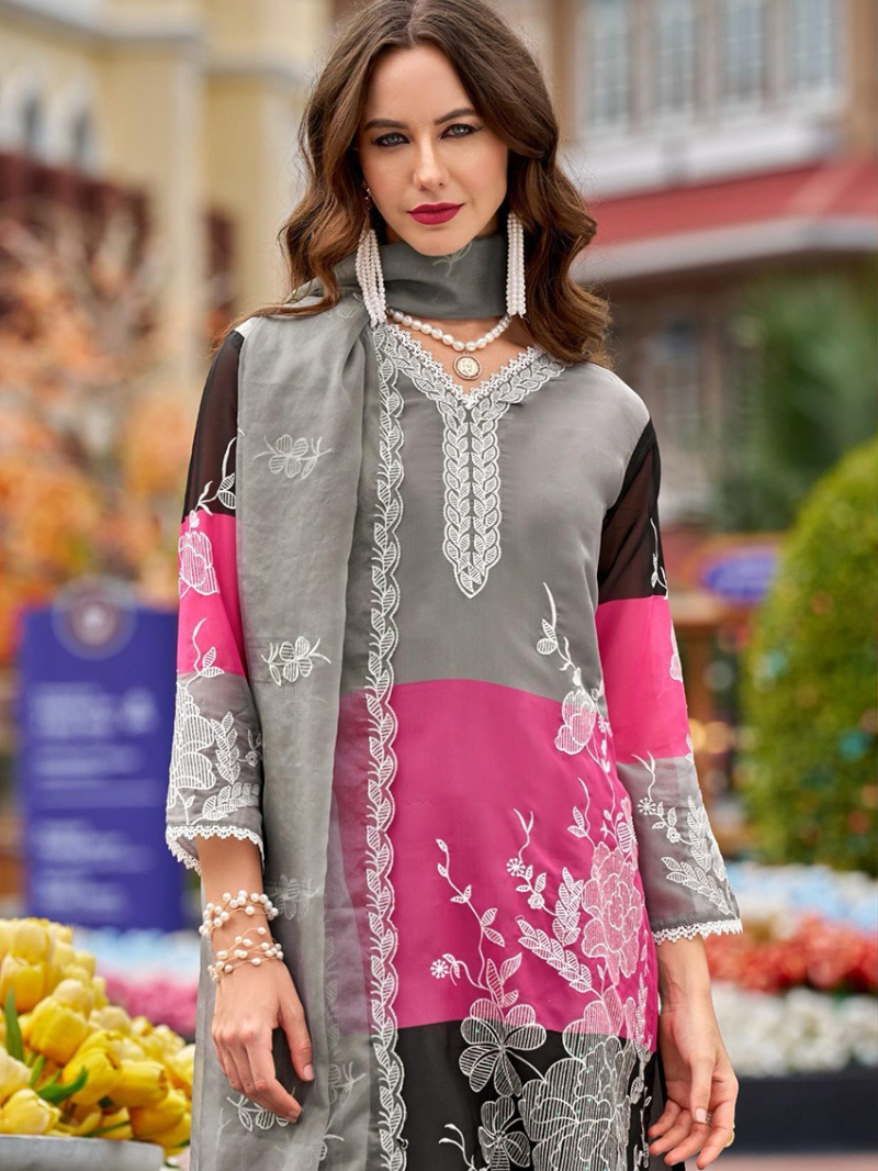 Ethnic Casual Festive Black, Pink & Grey Organza Straight Suit