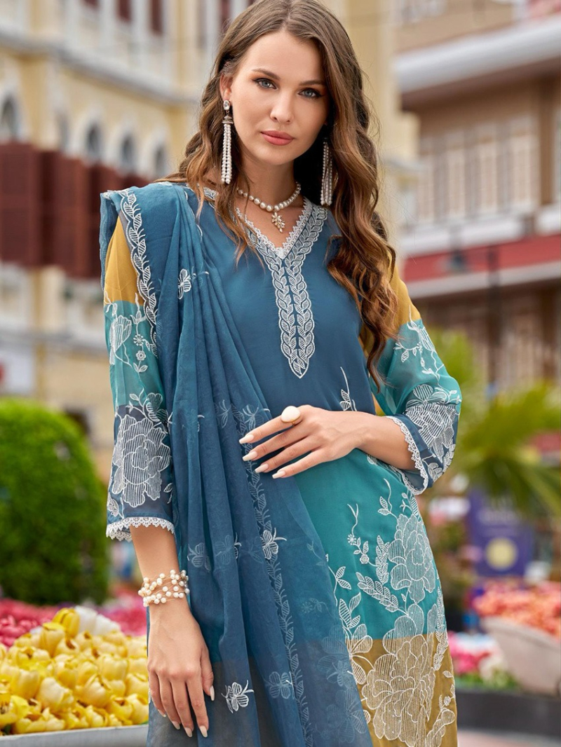 Elegant Teal and Mustard Straight Suit