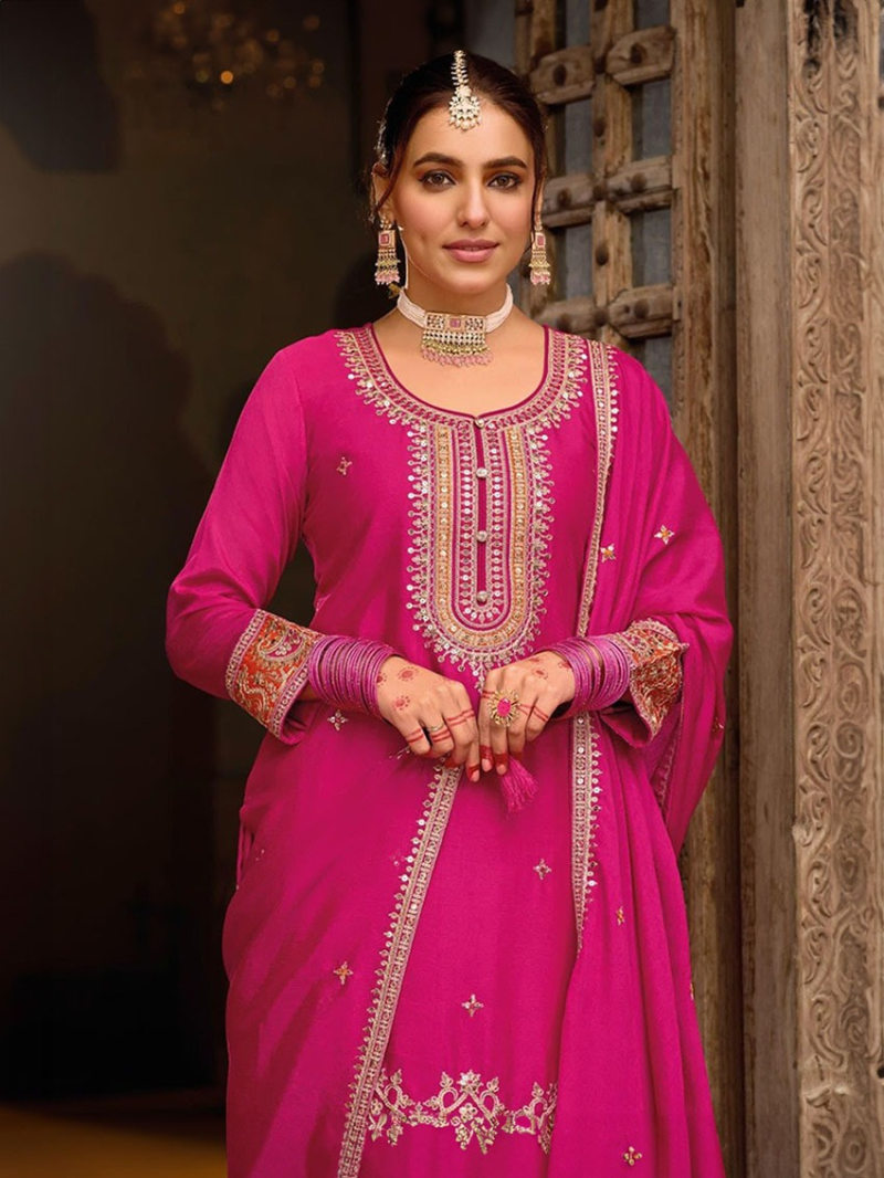 Elegant Rani PInk Chinnon Silk with Zari & Embroidery Patiala Suit 