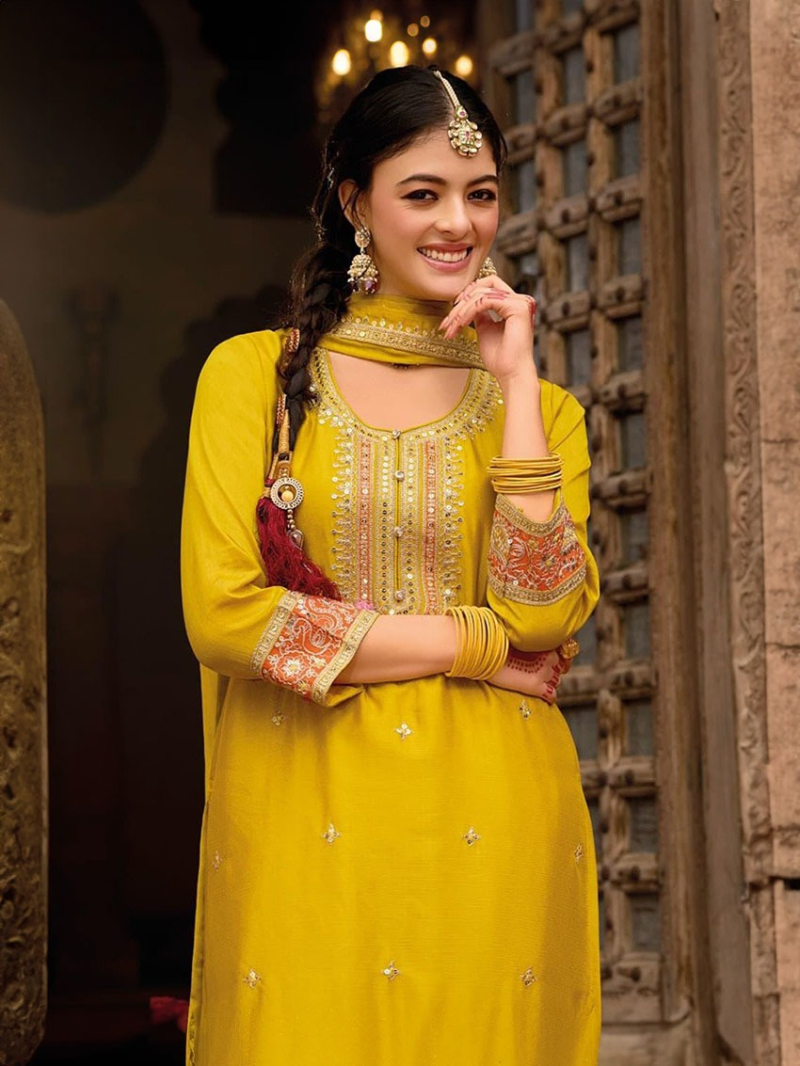 Elegant Ethnic  Traditional Mustard Embroidery Patiala Suit