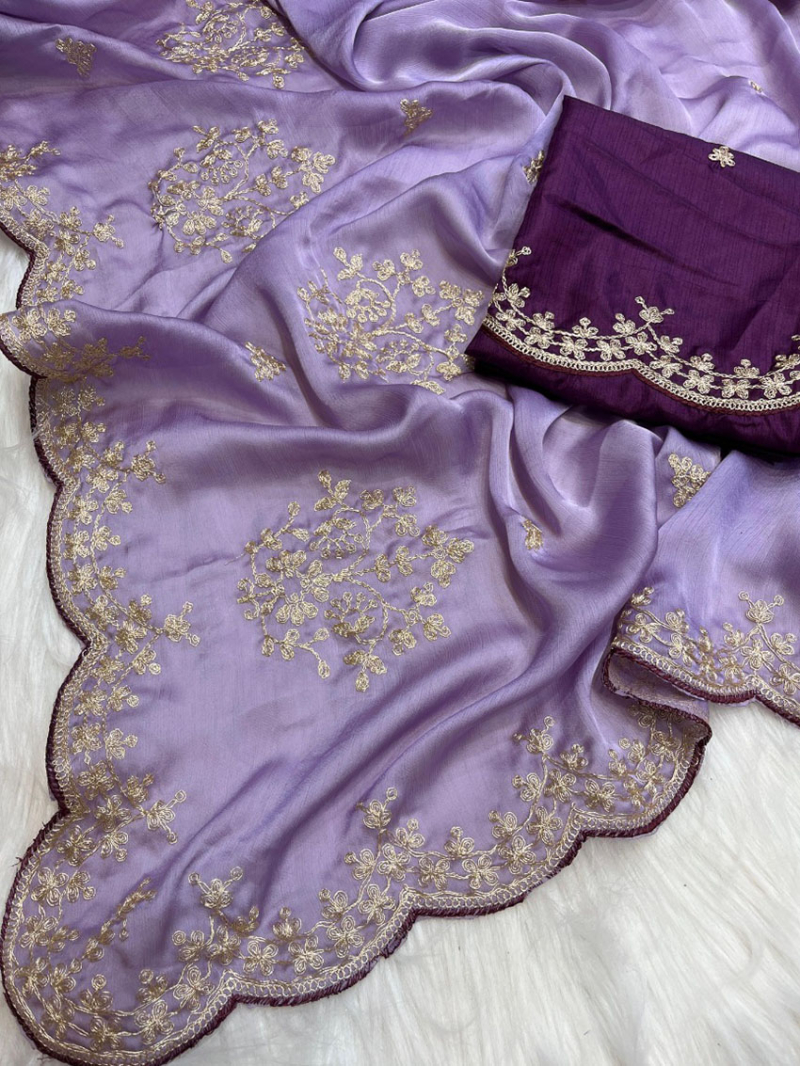 Elegant Ethnic Lavender Satin Chiffon Saree