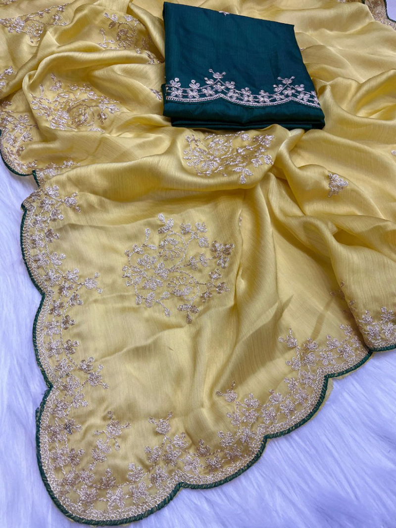 Ethnic Festive  Yellow Satin Chiffon Saree