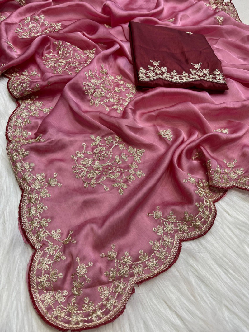 Traditional Festive  Rose Pink Satin Chiffon Saree