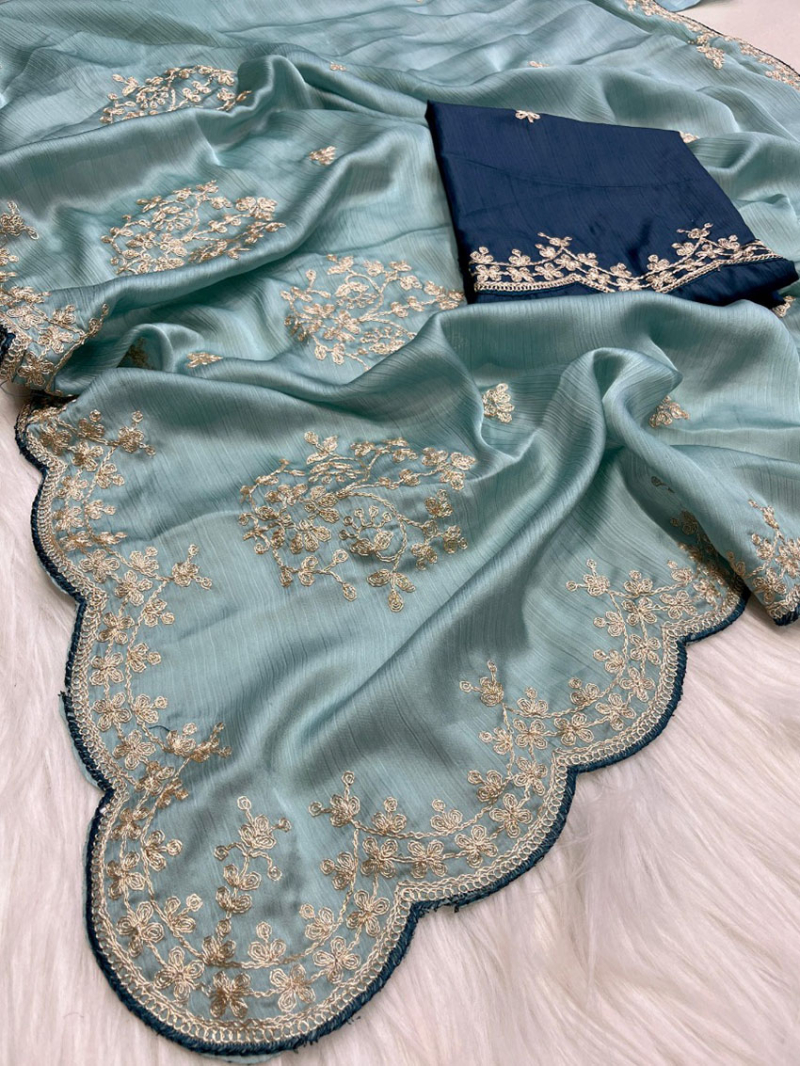 Elegant Ethnic Festive  Pastel Blue Satin Chiffon Saree