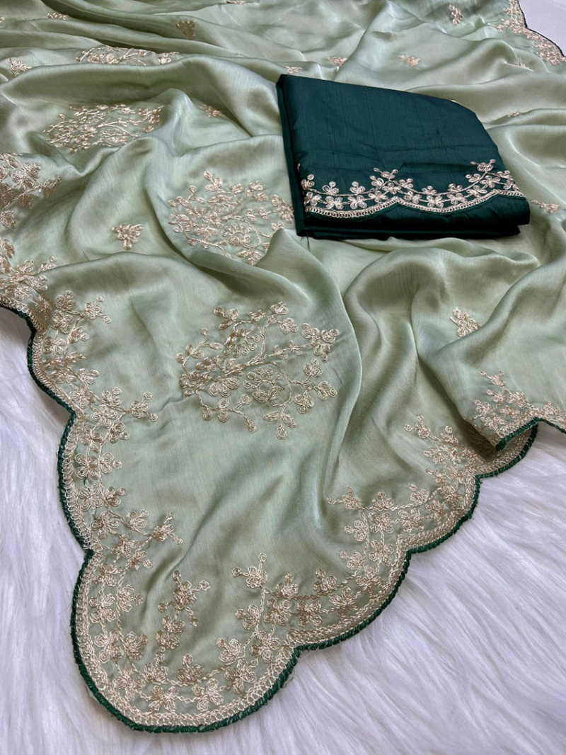 Elegant Ethnic Pista Satin Chiffon Saree