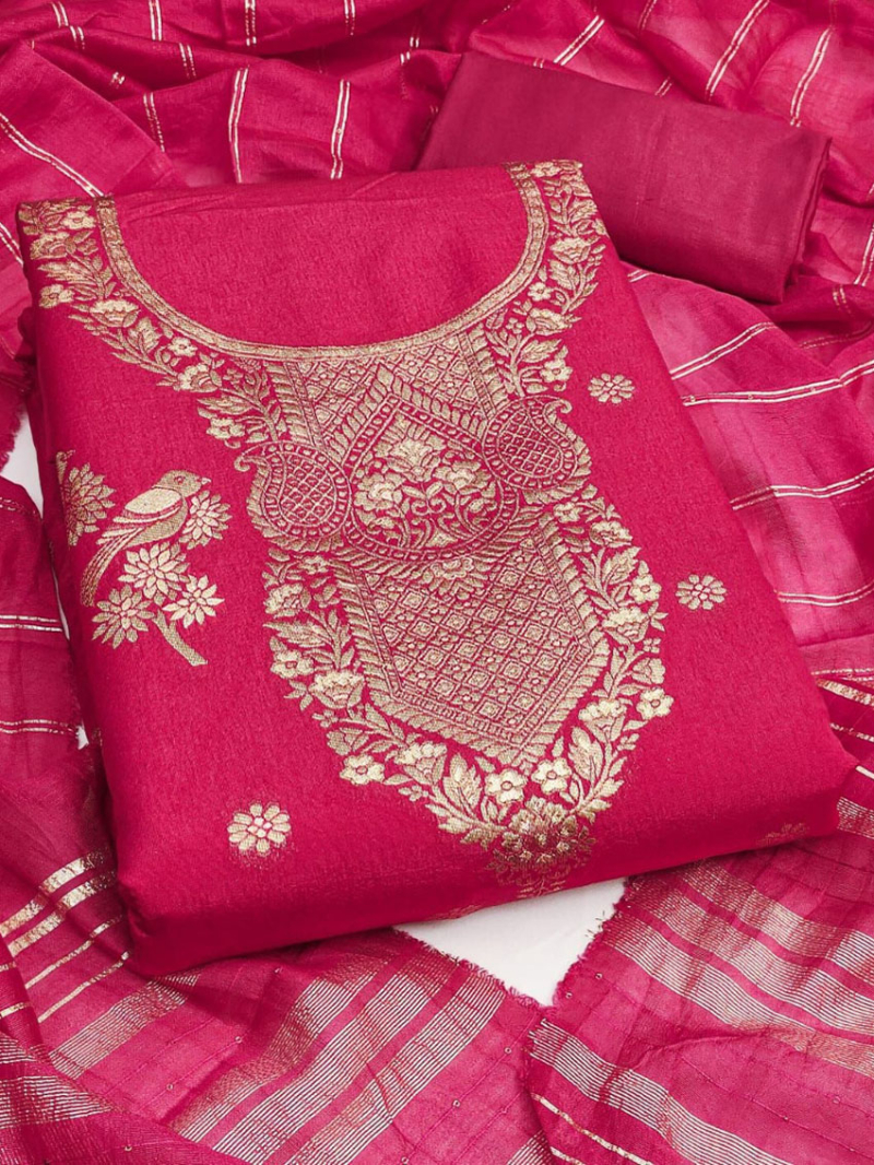 Traditonal Casual Rani Pink Banarasi  Jaqurad Straight Suit
