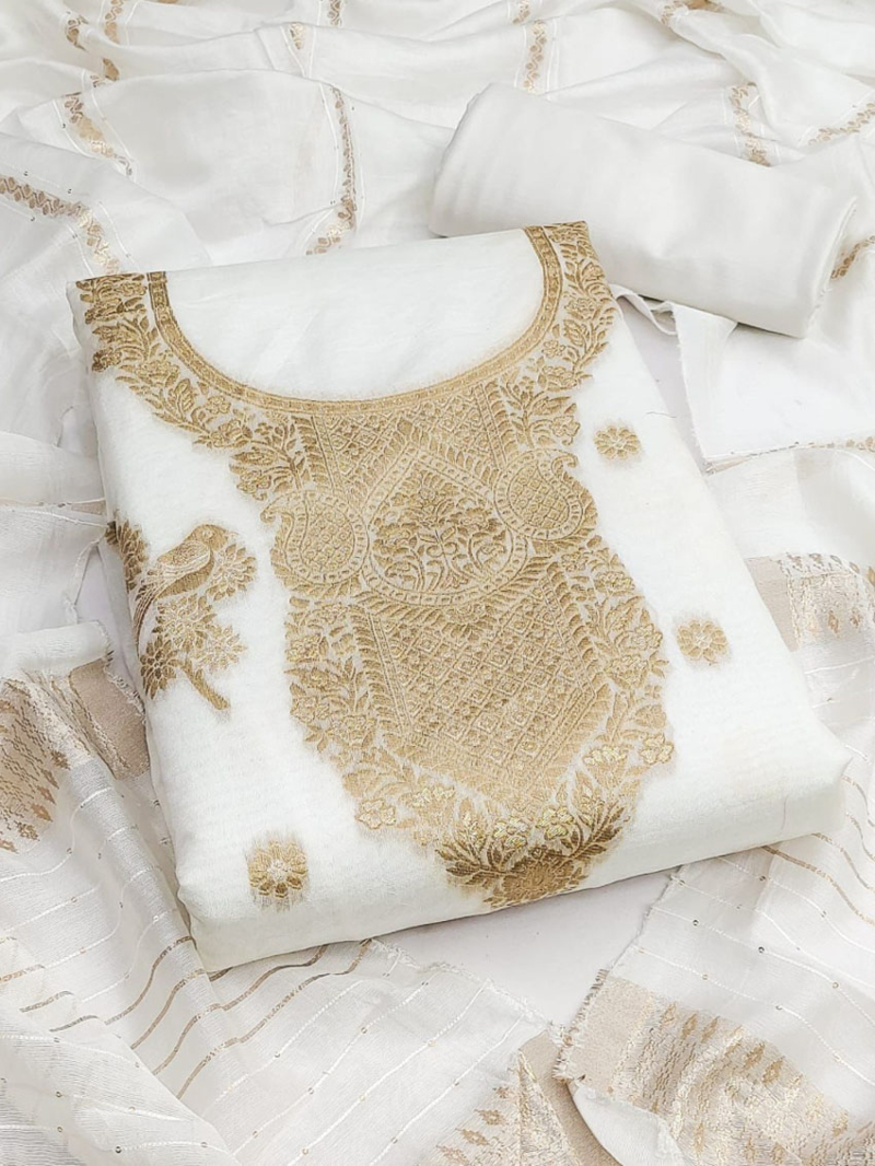 Elegant Casual White Banarasi Jaquard Staright Suit