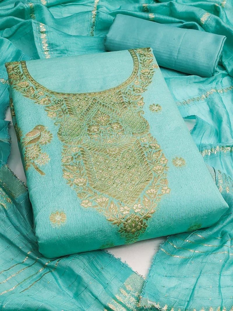 Authantic Casual Turquoise Banarasi Jaquard Straight Suit