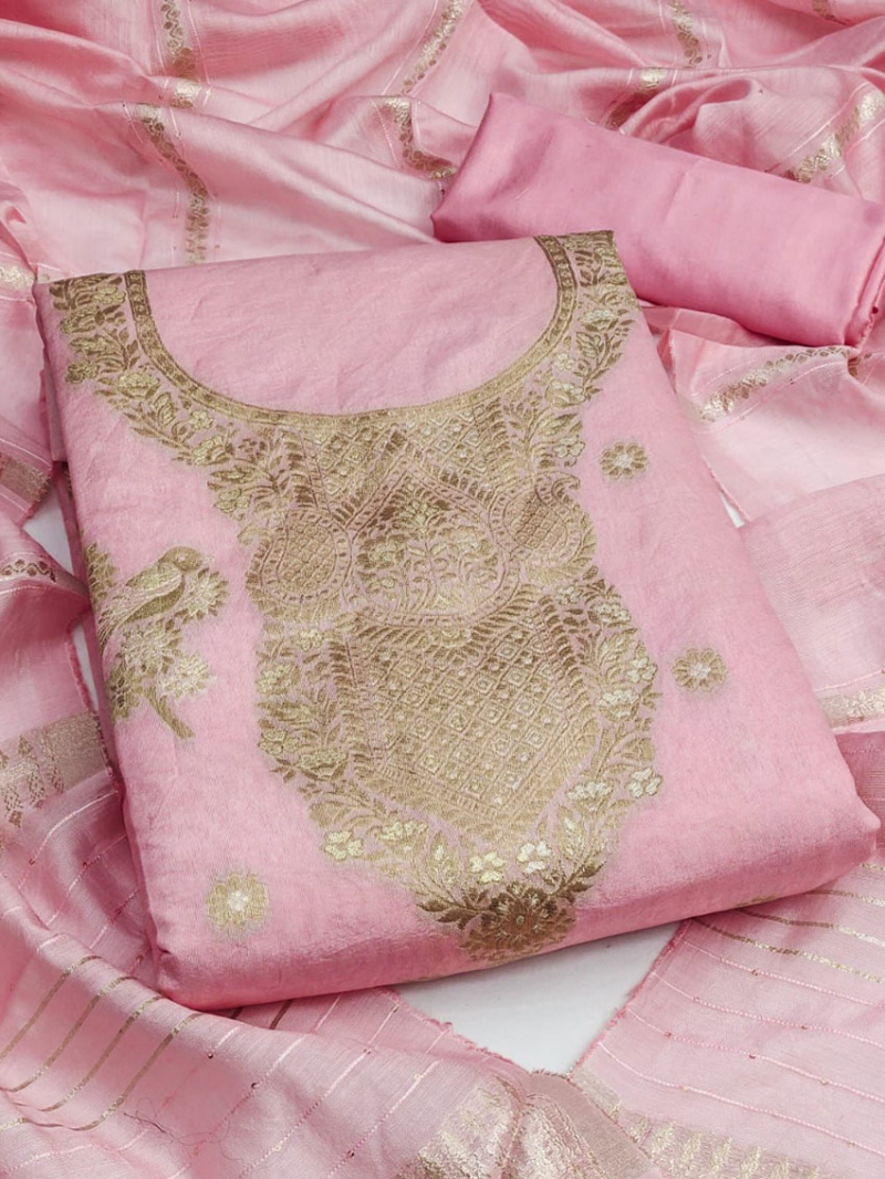 Traditonal Casual Pink Banarasi Jaqurad Straight Suit