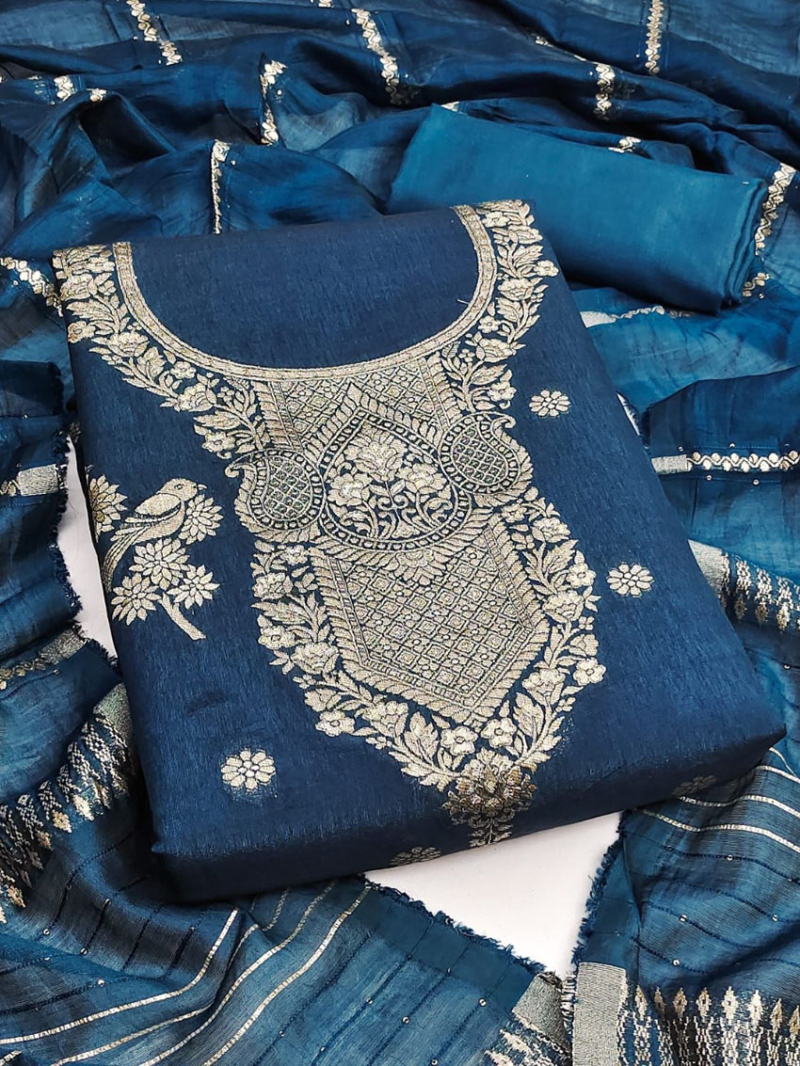 Authantic Casual Teal Blue Banarasi Jaquard Straight Suit