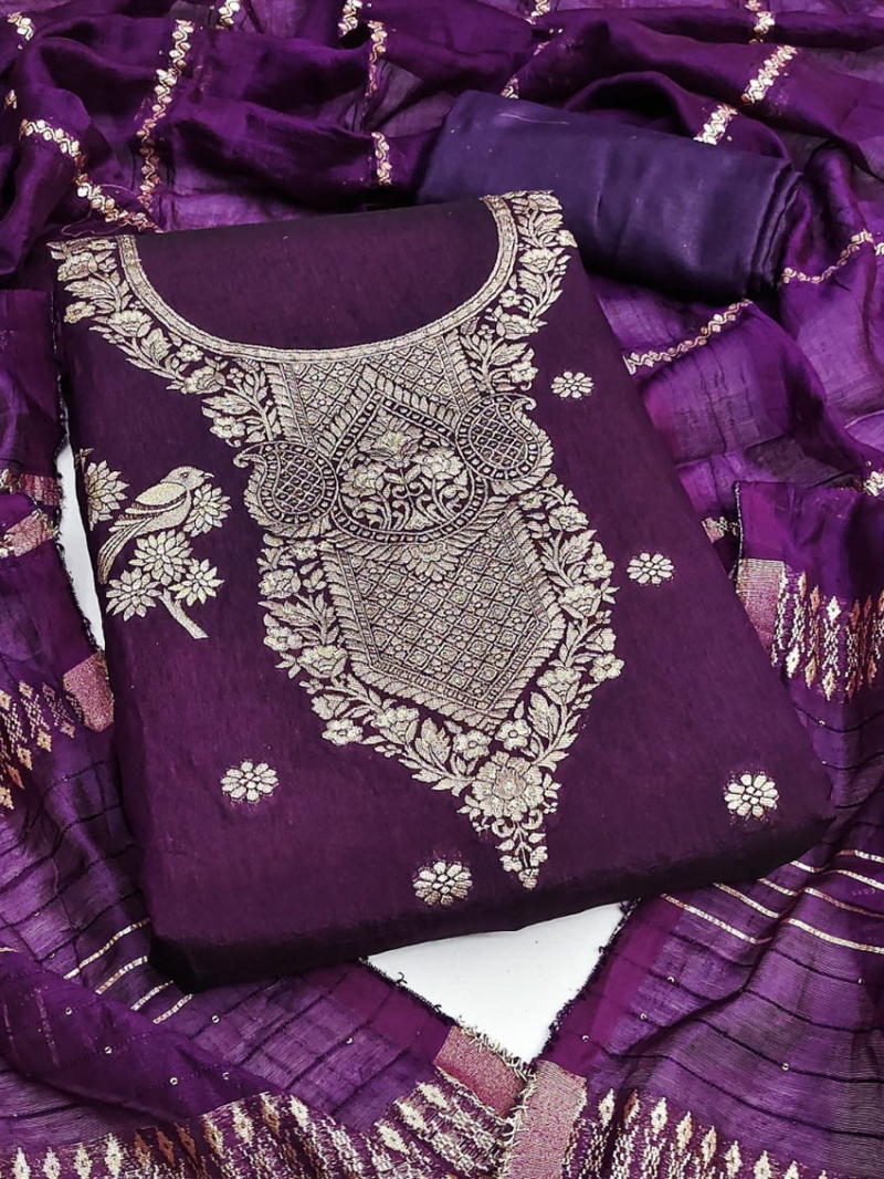 Traditional Casual Deep Purple Banarasi Jaquard Straight Suit