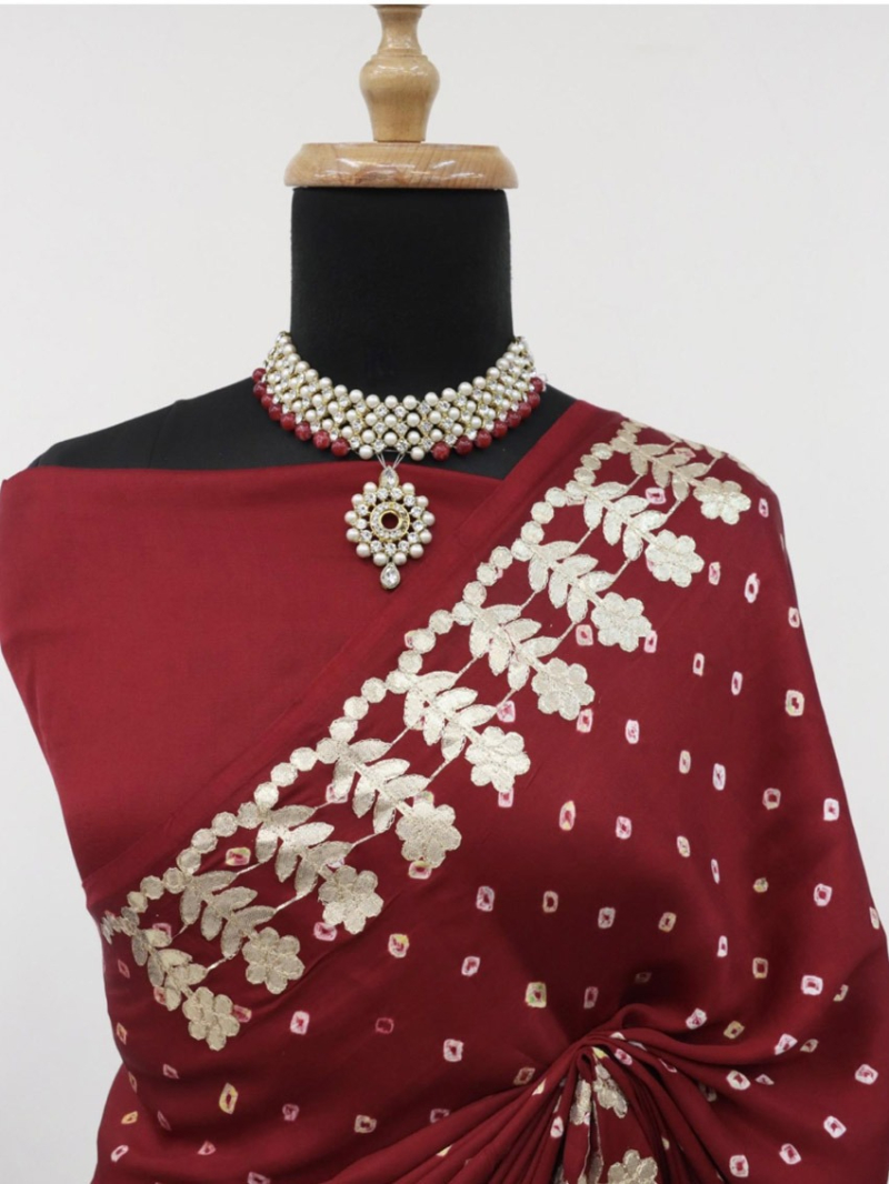 Traditional Festive Royal Maroon Gaji Silk Bandhani Saree