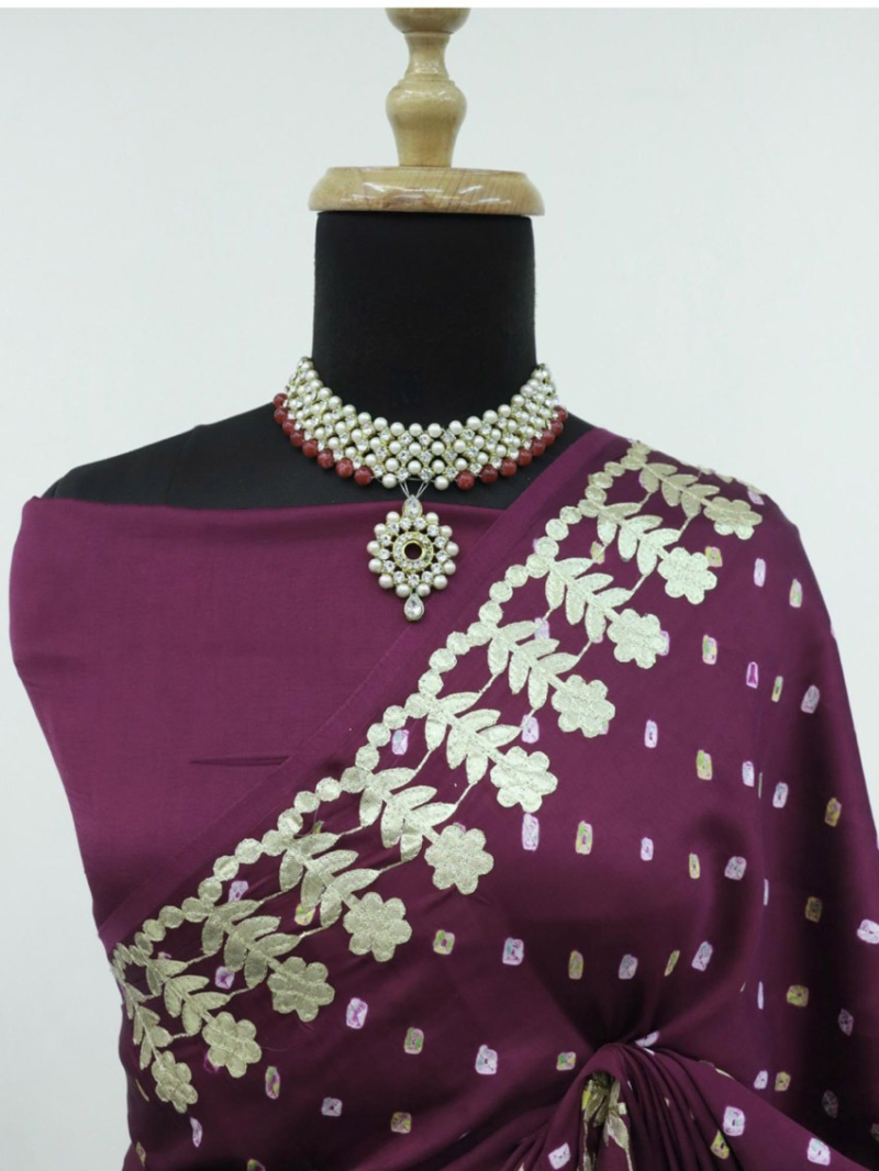 Elegant Festive Rich Purple Gaji Silk Bandhani Saree