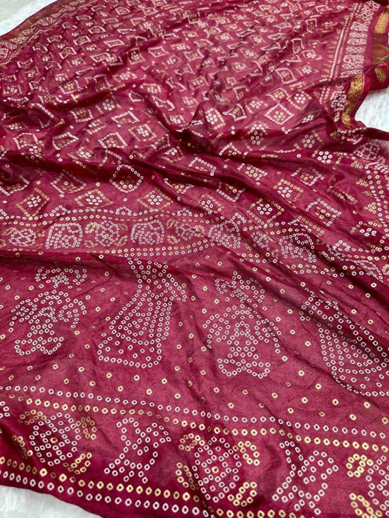 Elegant Ethnic Pure Silk Maroon Bandhej Saree