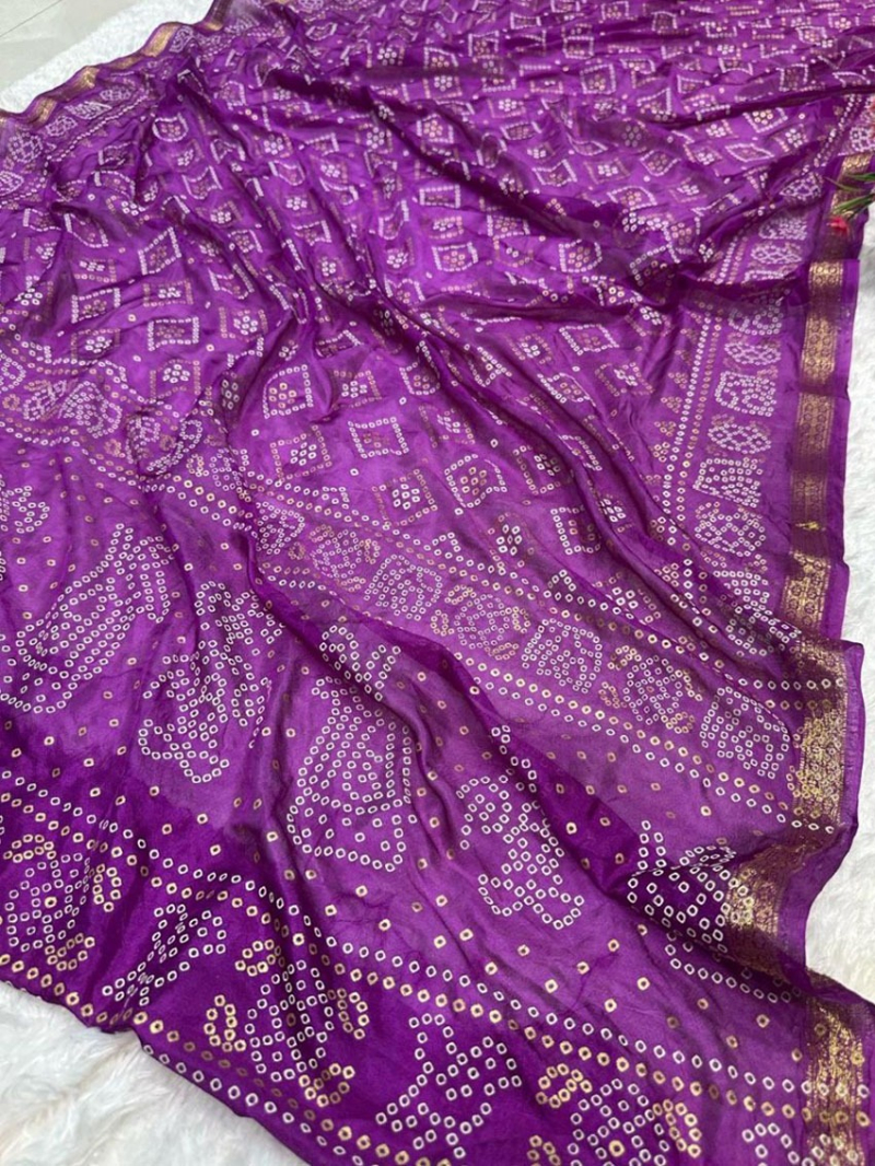 Elegant Ethnic Festive Royal Purple Pure Silk Bandhej Saree