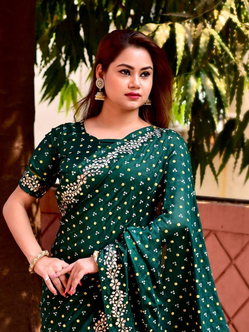 Premium Bottle Green Silk Bandhej Saree