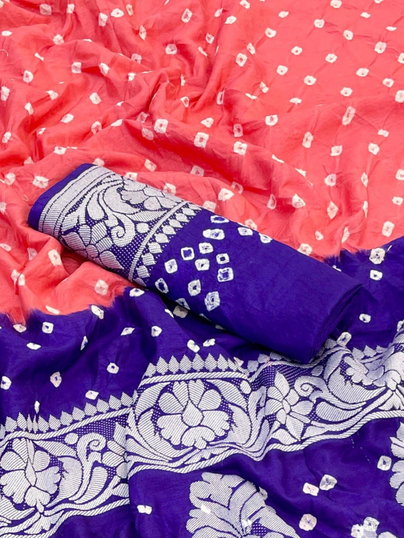 Ethnic Festive Vibrant Coral & Royal Purple Dola Silk Saree 