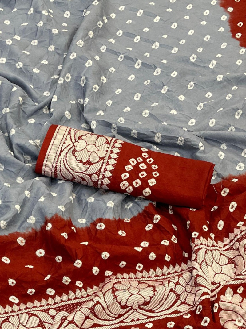 Ethnic Festive Dual-Tone Grey & Maroon Dola Silk Bandhej Saree